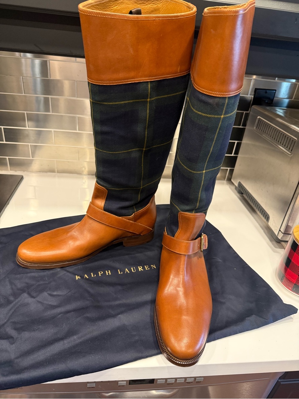 Vintage Ralph Lauren Tan Leather & Navy Plaid Riding Boots, Very Rare!